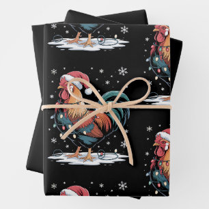 Christmas Rooster Santa Hat Chicken Lights Farm Wrapping Paper Sheet