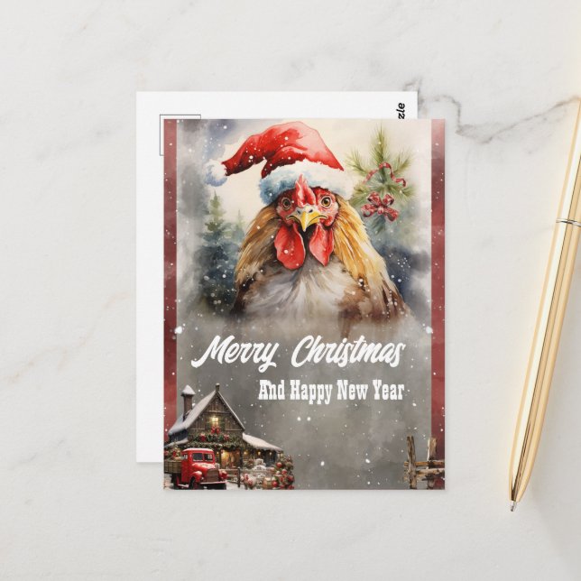 Christmas Rooster Watercolor Postcard (Front/Back In Situ)