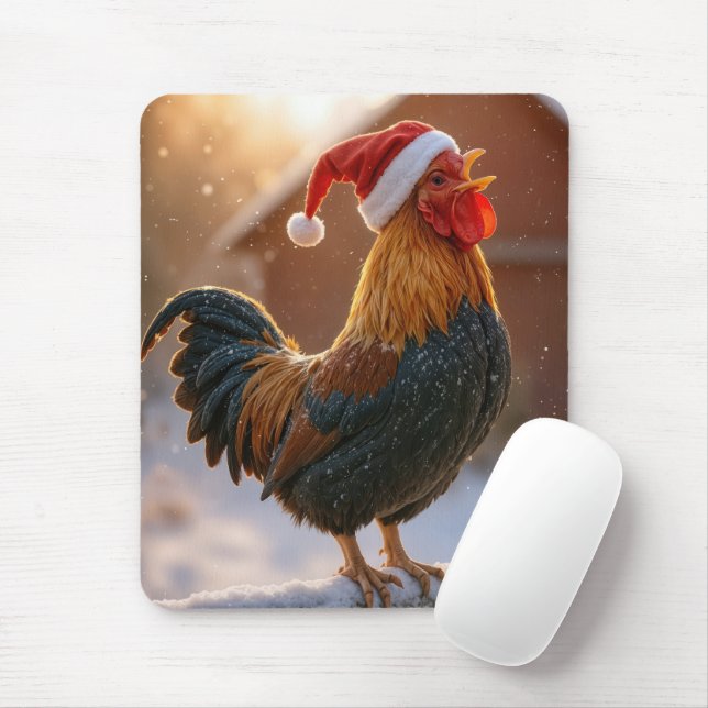 Christmas Rooster Wearing a Santa Hat Mouse Mat (With Mouse)