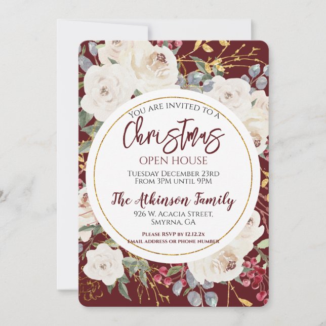Christmas Rose Floral Burgundy Open House Party Invitation (Front)