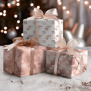 Christmas Rose Gold Elegant Holly Leaves Wrapping Paper Sheet