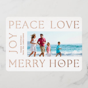Christmas Rose Gold Letters MERRY JOY PEACE LOVE Foil Holiday Card