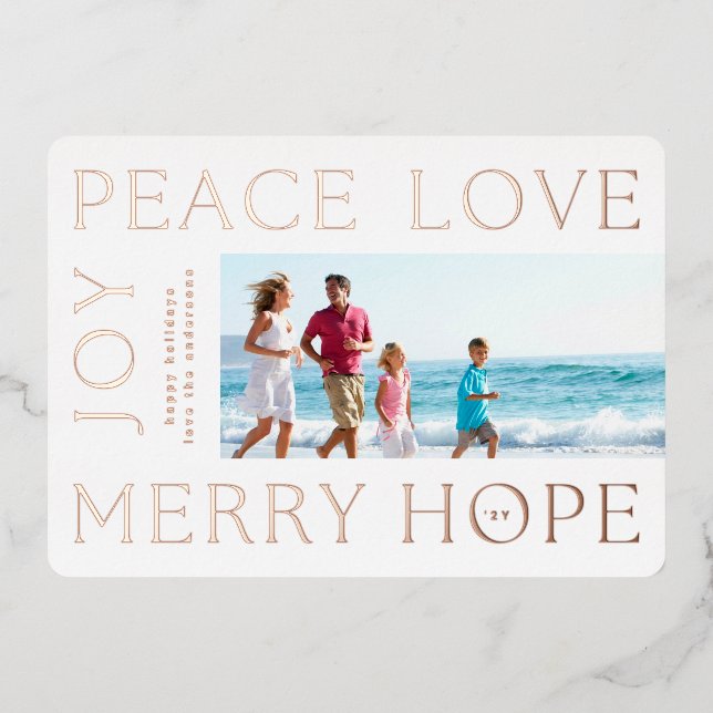 Christmas Rose Gold Letters MERRY JOY PEACE LOVE Foil Holiday Card (Front)
