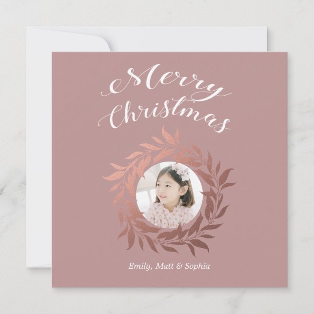 Christmas Rose Gold Wreath Purple White Photo Holiday Card (Front)