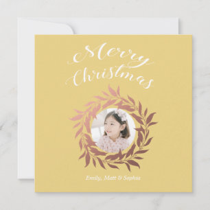 Christmas Rose Gold Wreath Yellow White Photo Holiday Card