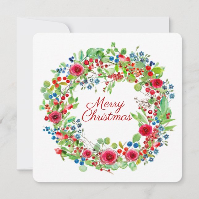 Christmas Rose Watercolor Wreath Holiday Card (Front)