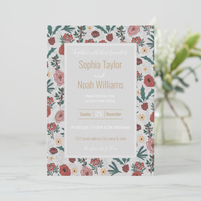 Christmas Roses Berries Floral Grey Pattern (Standing Front)