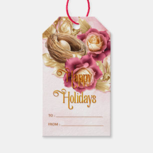 Christmas Roses Birds Nest and Egg Happy Holidays Gift Tags