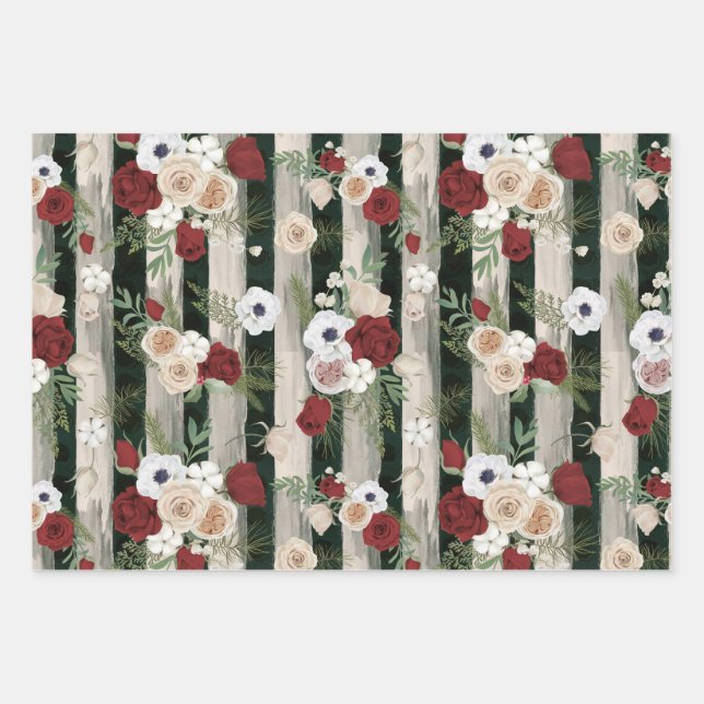 Christmas Roses Decoration, Yuletide Gift Pattern Wrapping Paper Sheet (Front)