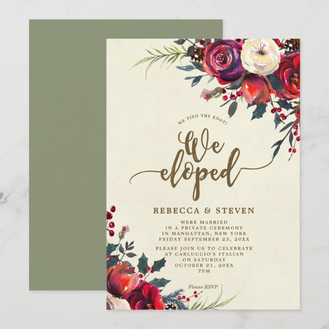 christmas roses modern we eloped invitation (Front/Back)