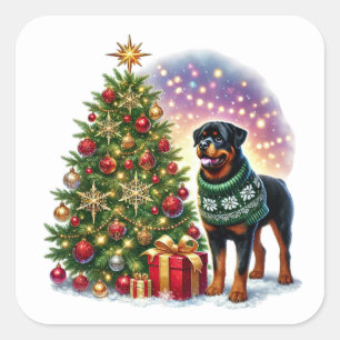 Christmas Rottweiler by the Festive Tree Square Sticker