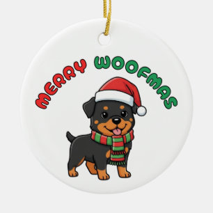 Christmas Rottweiler Ornament: Merry Woofmas Ceramic Tree Decoration