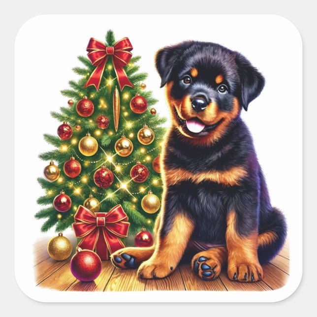 Christmas Rottweiler Puppy by the Festive Tree Square Sticker (Front)