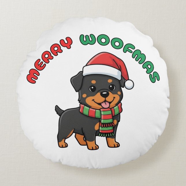 Christmas Rottweiler Round Pillow: Merry Woofmas Round Cushion (Front)
