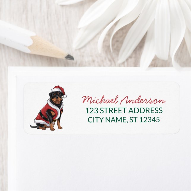 Christmas Rottweiler Santa in Hat Return Address   (Insitu)