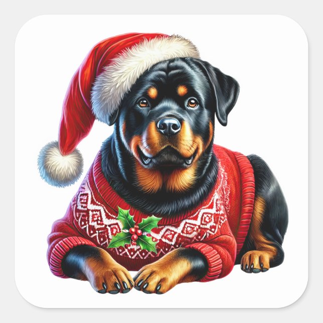 Christmas Rottweiler Wearing a Festive Sweater Square Sticker (Front)