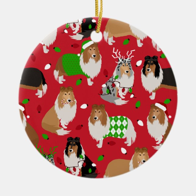 Christmas Rough Collie Ceramic Tree Decoration (Front)