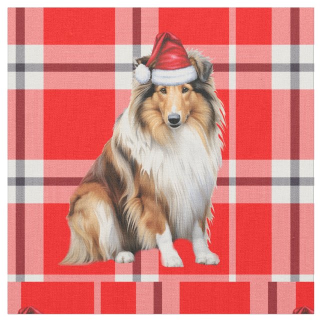 Christmas Rough Collie Dog with Red Plaid Fabric (Close Up)