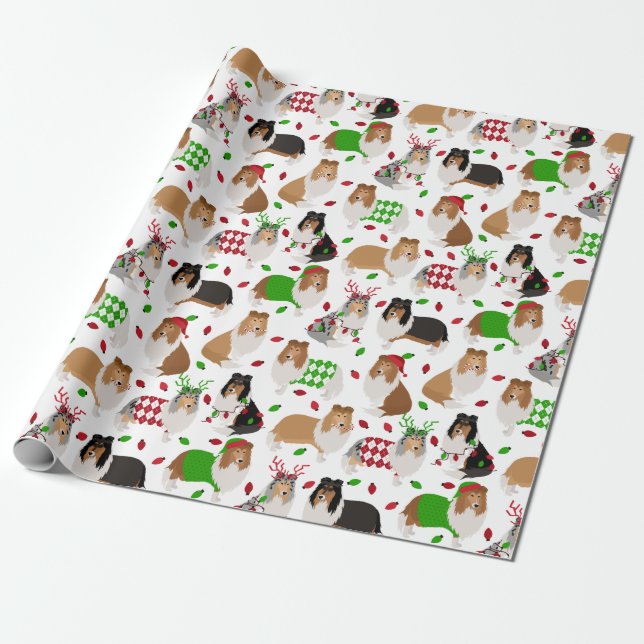 Christmas Rough Collie Wrapping Paper (Unrolled)