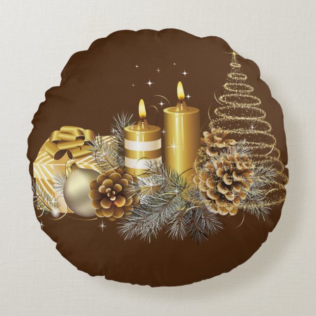 Christmas Round Pillow, Christmas Candle Round Cushion (Front)