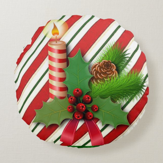 Christmas Round Pillow, Christmas Candle Round Cushion (Front)