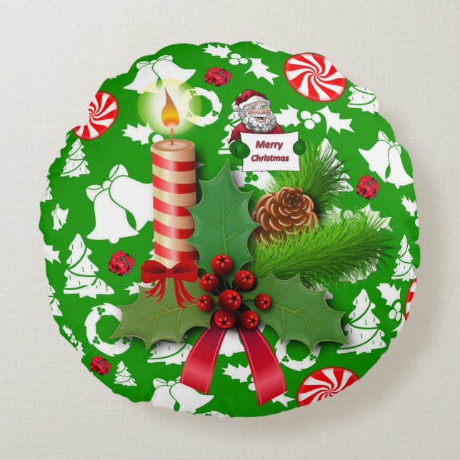 Christmas Round Pillow, Christmas Candle Round Cushion (Front)