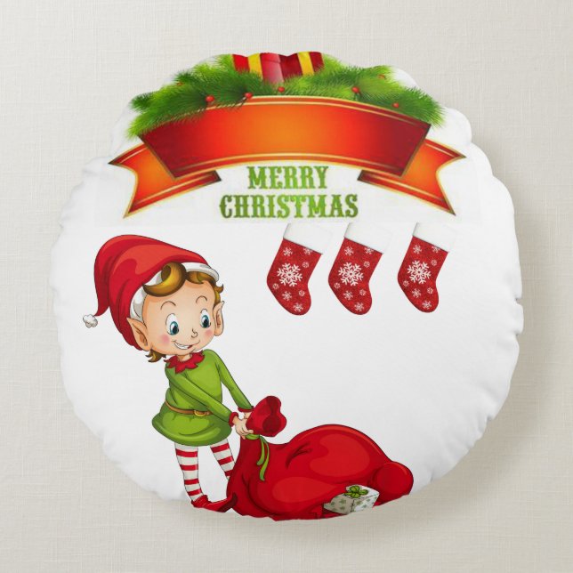 Christmas Round Pillow, Elf Round Cushion (Front)