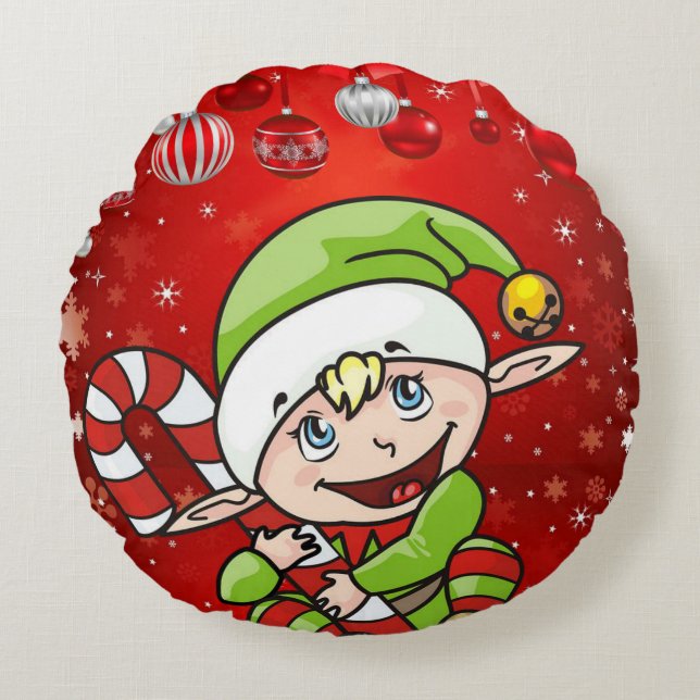 Christmas Round Pillow, Elf Round Cushion (Front)