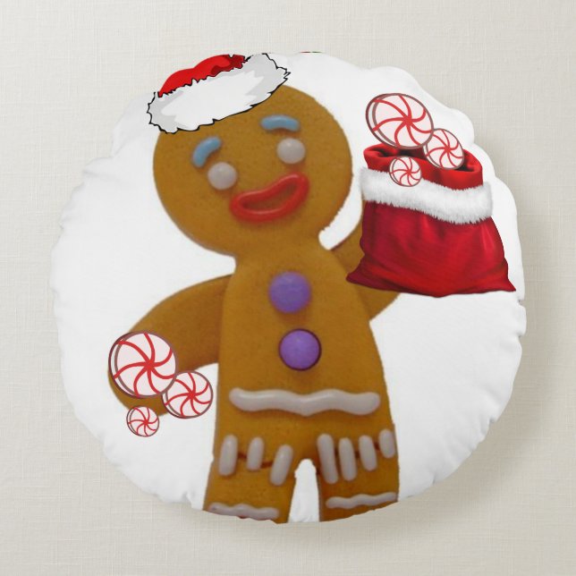 Christmas Round Pillow, Gingerbread Man Round Cushion (Front)