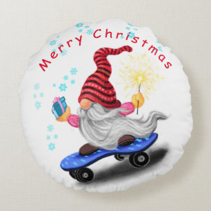 Christmas Round Pillow Gnome with Skateboard