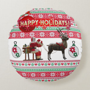 Christmas Round Pillow, Happy Holidays Cushion