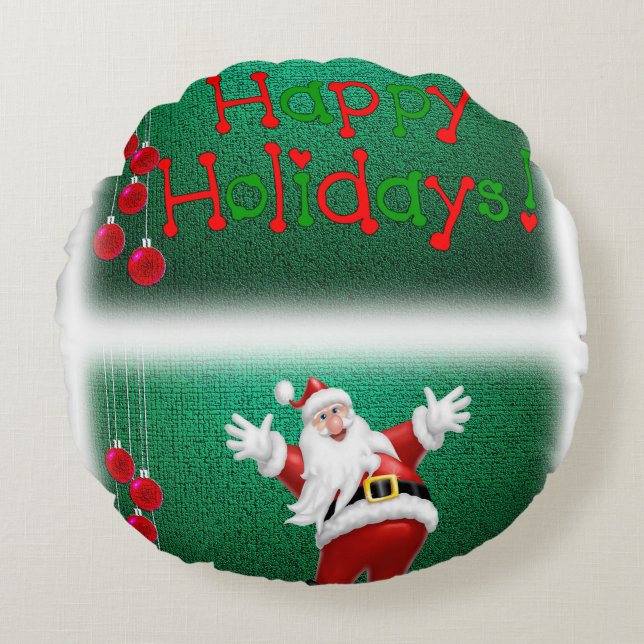 Christmas Round Pillow, Happy Holidays Round Cushion (Front)