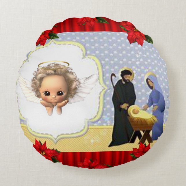 Christmas Round Pillow, Jesus Christ Round Cushion (Front)