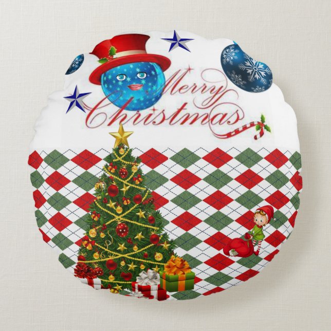 Christmas Round Pillow, Merry Christmas Round Cushion (Front)