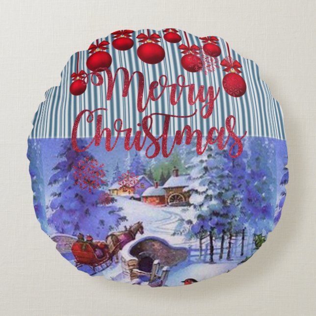 Christmas Round Pillow, Merry Christmas Round Cushion (Front)
