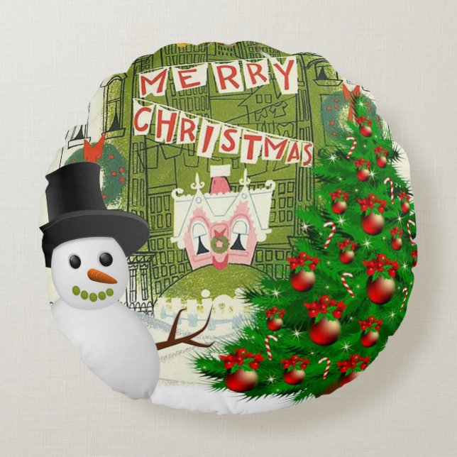 Christmas Round Pillow, Merry Christmas Round Cushion (Front)