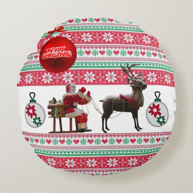 Christmas Round Pillow, Merry Christmas Round Cushion (Front)