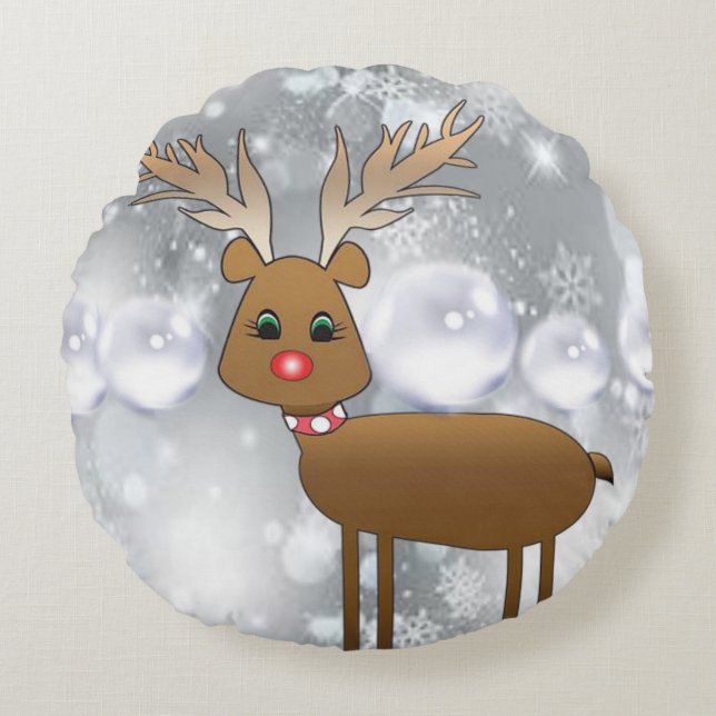 Christmas Round Pillow, Reindeer Cushion (Front)
