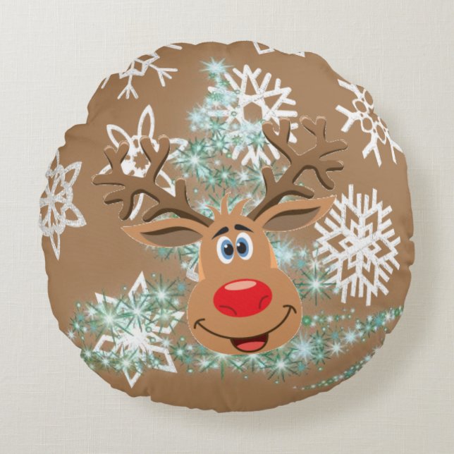 Christmas Round Pillow, Reindeer Cushion (Front)