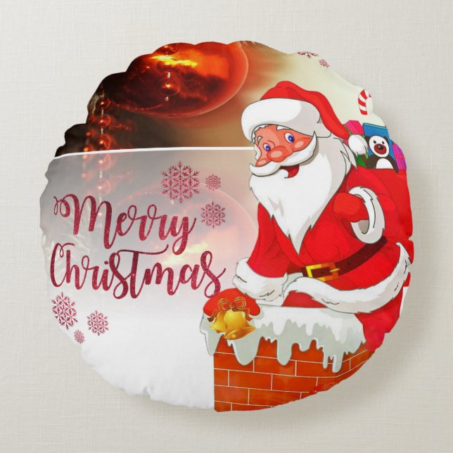 Christmas Round Pillow, Santa Round Cushion (Front)