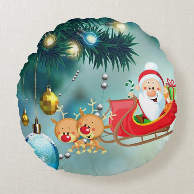 Christmas Round Pillow, Santa Round Cushion (Front)