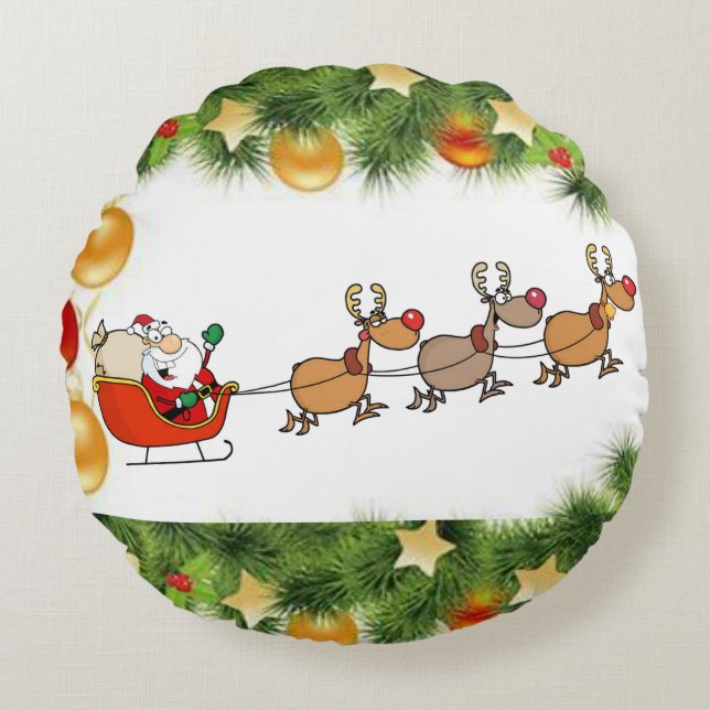 Christmas Round Pillow, Santa Round Cushion (Front)