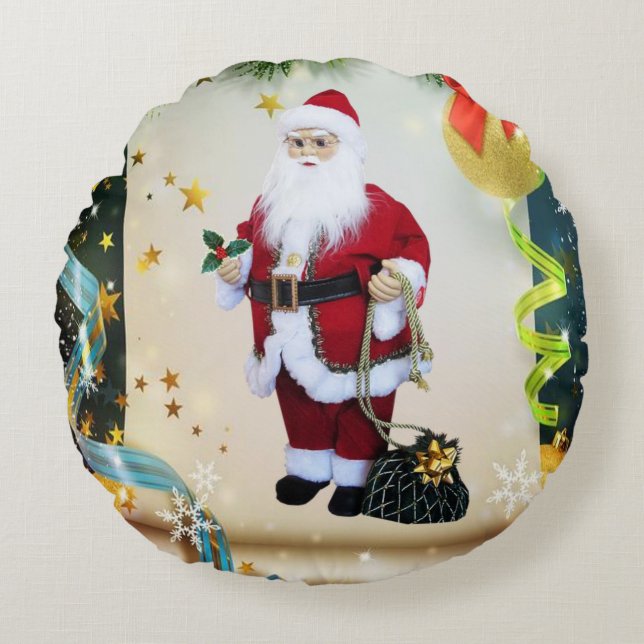 Christmas Round Pillow, Santa Round Cushion (Front)