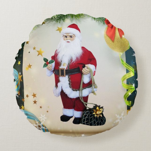 Christmas Round Pillow, Santa Round Cushion (Front)