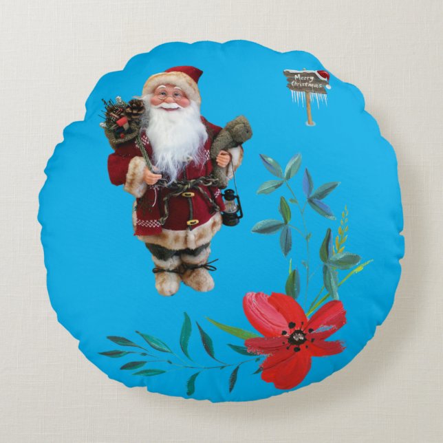 Christmas Round Pillow, Santa Round Cushion (Front)