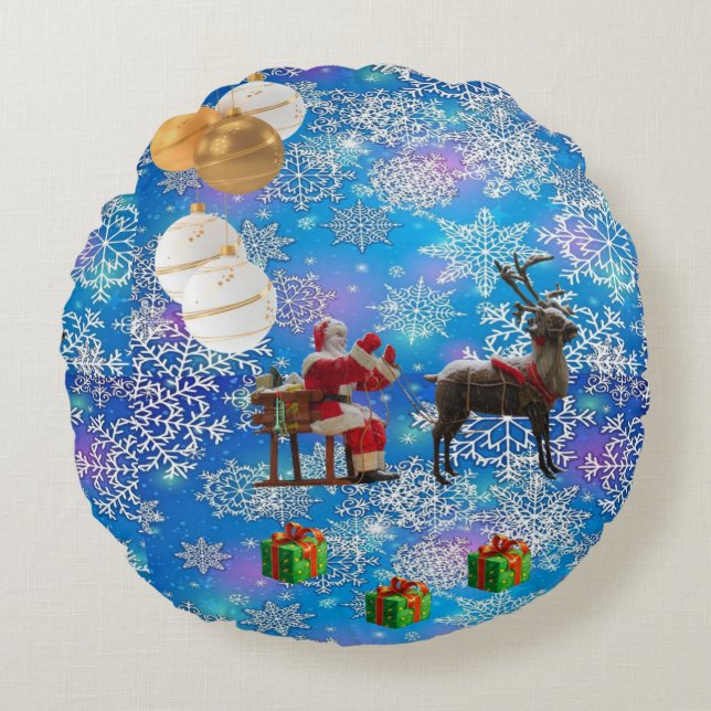 Christmas Round Pillow, Santa Round Cushion (Front)