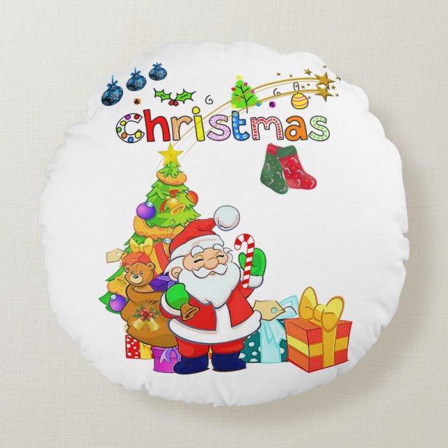 Christmas Round Pillow, Santa Round Cushion (Front)