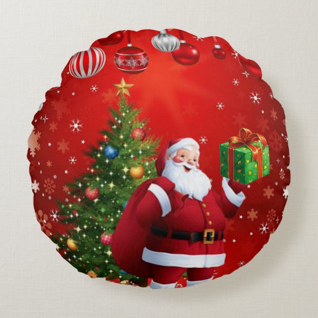 Christmas Round Pillow, Santa Round Cushion (Front)