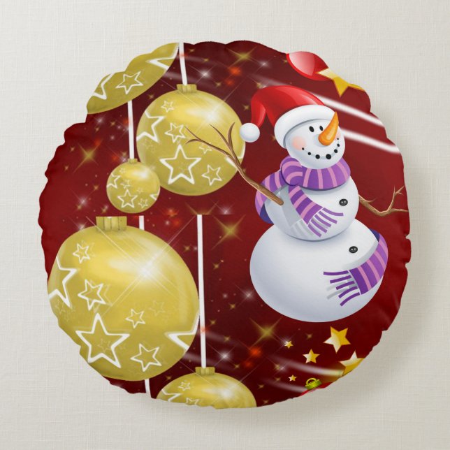 Christmas Round Pillow, Snowman Cushion (Front)