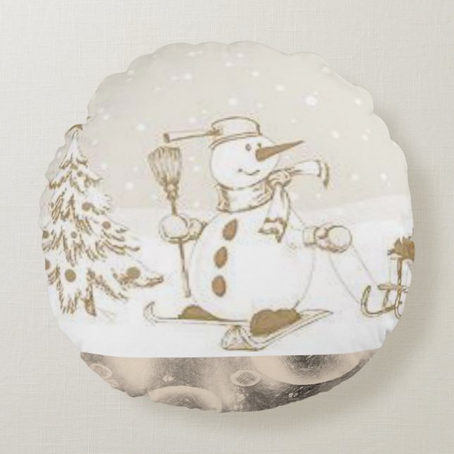 Christmas Round Pillow, Snowman Round Cushion (Front)